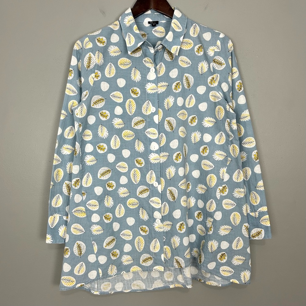 Shana Cotton A-Line Tunic Top Women’s Size M Button Front Artsy Leaf Print Boho
